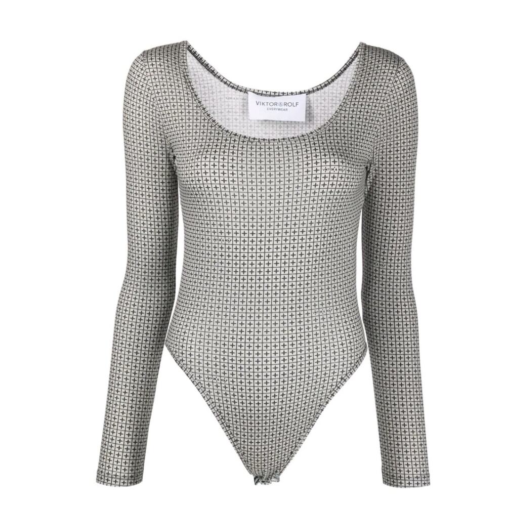 VIKTOR & ROLF Geometric Print Leotard One Piece Bodysuit Size Small Long Sleeves